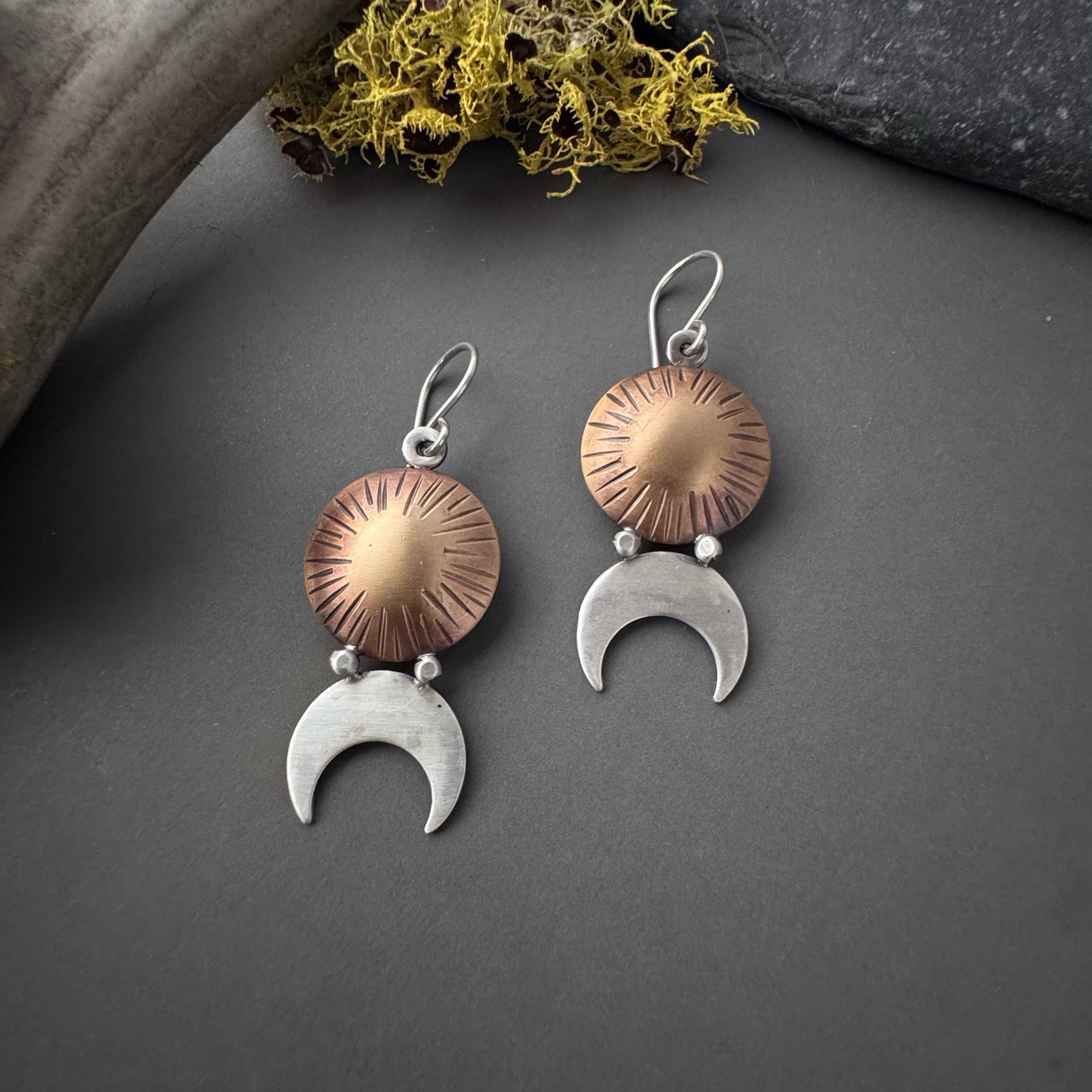 Artisan Sun and Moon Earrings with silver and gold