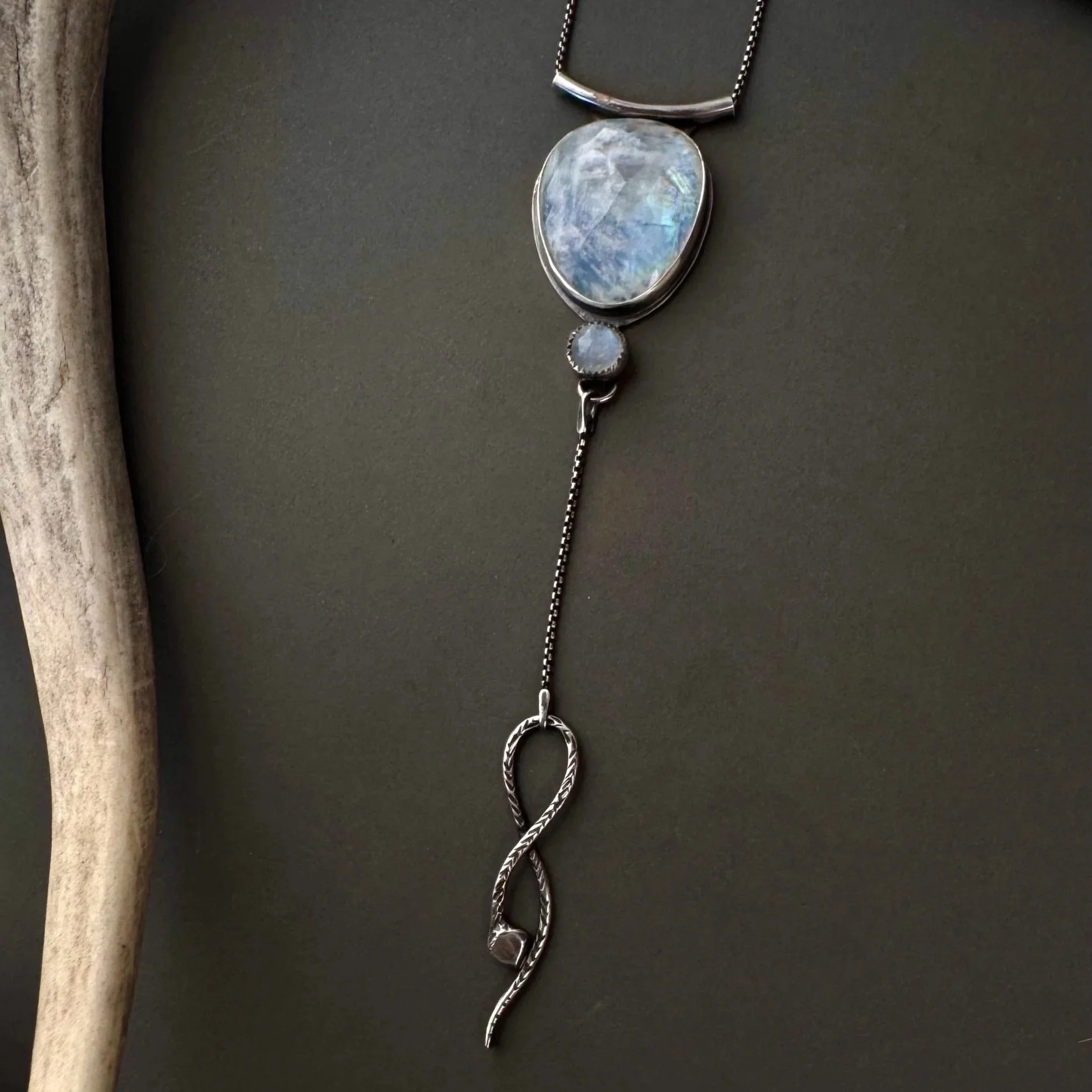 moonstone and serpent Y-necklace in sterling silver to align with your inner wisdom and the divine feminine