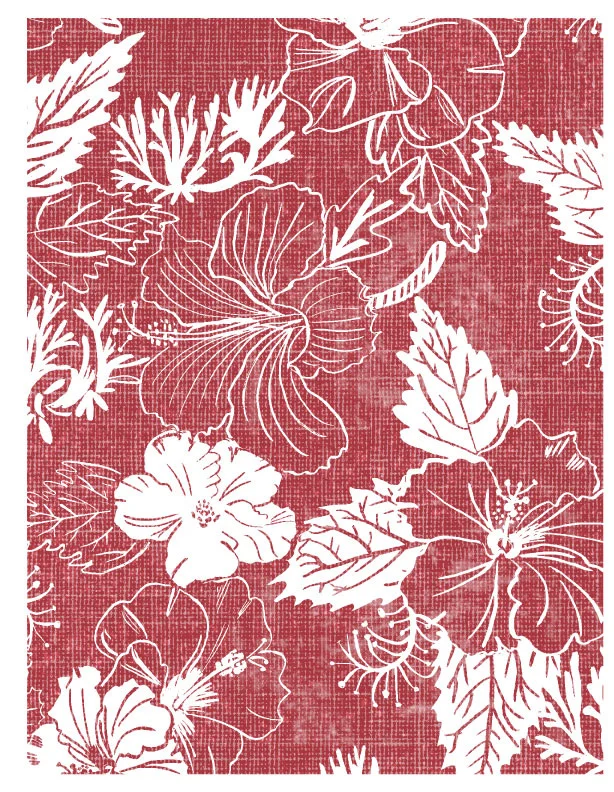 In my research, I had found a use of fading/distress techniques and argued to have this one-color hibiscus print printed on the reverse, which became the final product.
