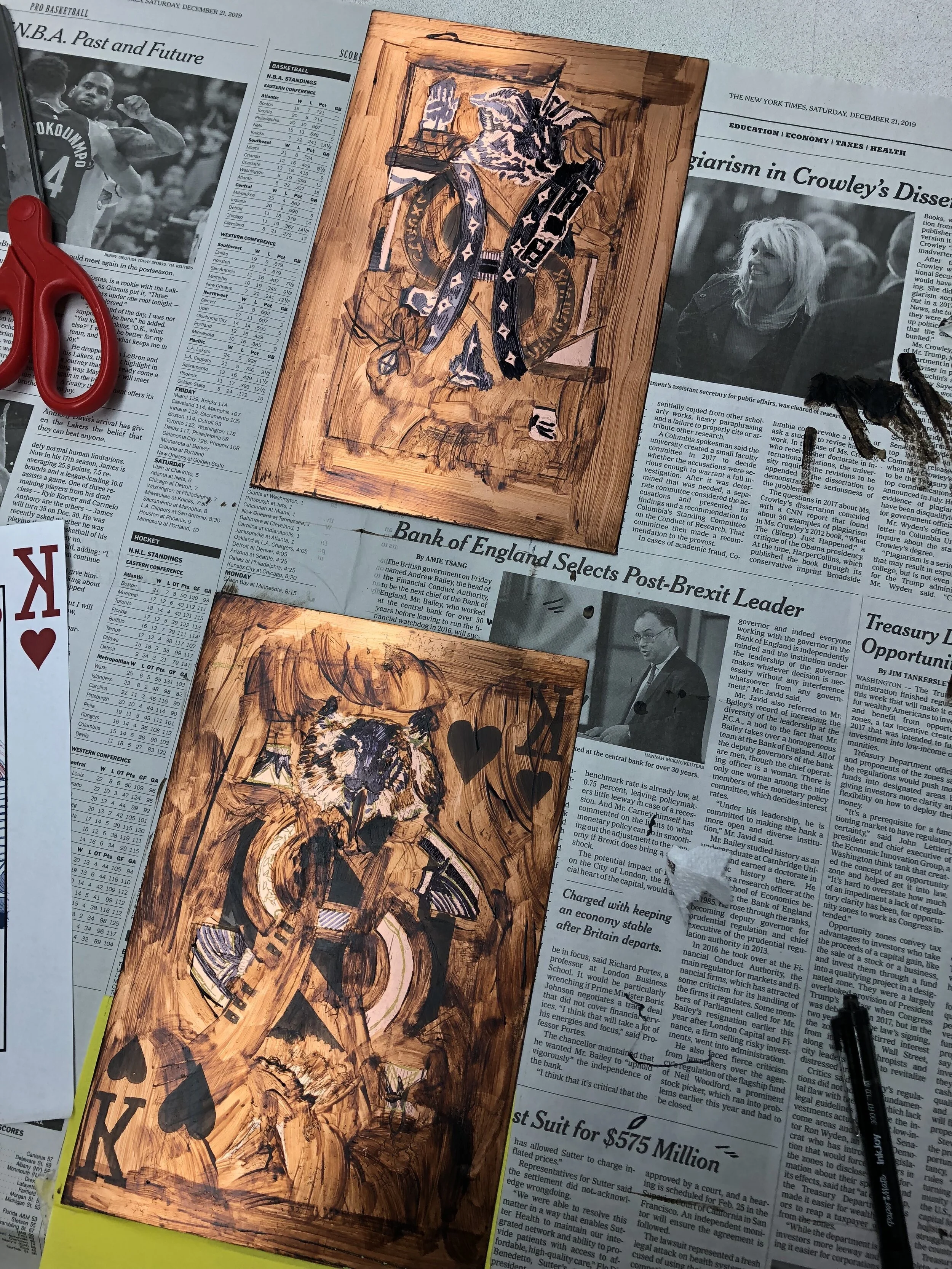  I did 2 more rounds of lighter aquatint where I blocked out a majority with a hard ground and sharpie, dipped in for 30 seconds, wash off with water, block out more, then 30 more seconds in the acid. 