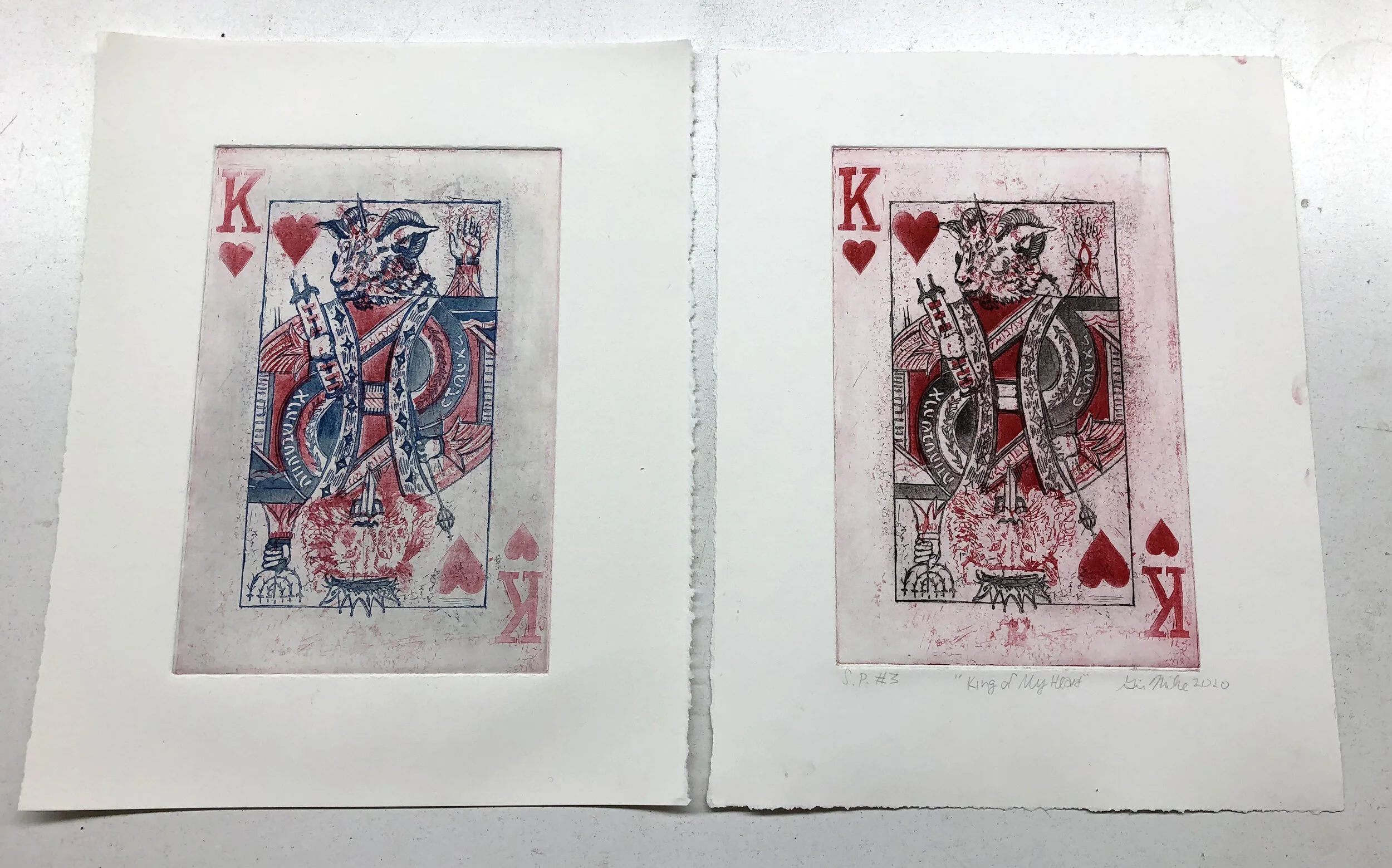  S.P. 3 on right side, which was the final test after aquatints were done. I noted that i did not care for the red/black combo and REALLY needed to clean the second plate better… The left is my first attempt and maybe passed as my A.P., but still wan