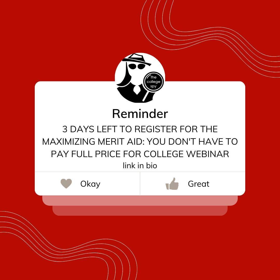 ‼️ WEBINAR ‼️
Less than 3 days to register...
May 23 @ 8:00 PM EST
Maximizing Merit Aid: You Don't Have to Pay Full Price for College Webinar

Registration Link in Bio

#Advice #CollegeAdvice #Learning #College #CollegePlanning  #ApplyingtoCollege #P