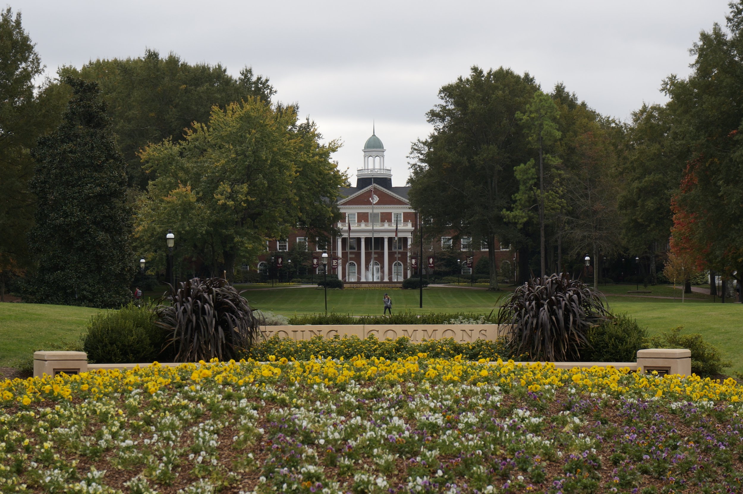 building on Elon's campus with flowers