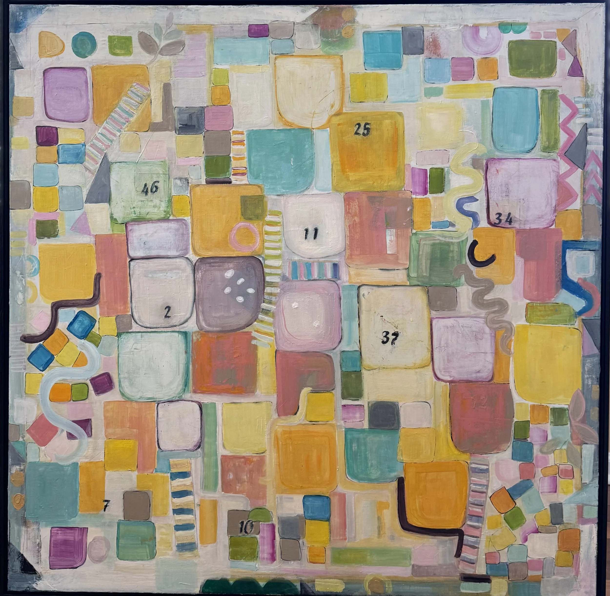 "Game of Life"
Oil on Canvas    36"x36'I

n this painting “ Game of Life”, I explore Chutes and Ladders not as a childhood game, but as an abstract map of the human condition — a reflection on how we navigate the unpredictable geometry of existence.
