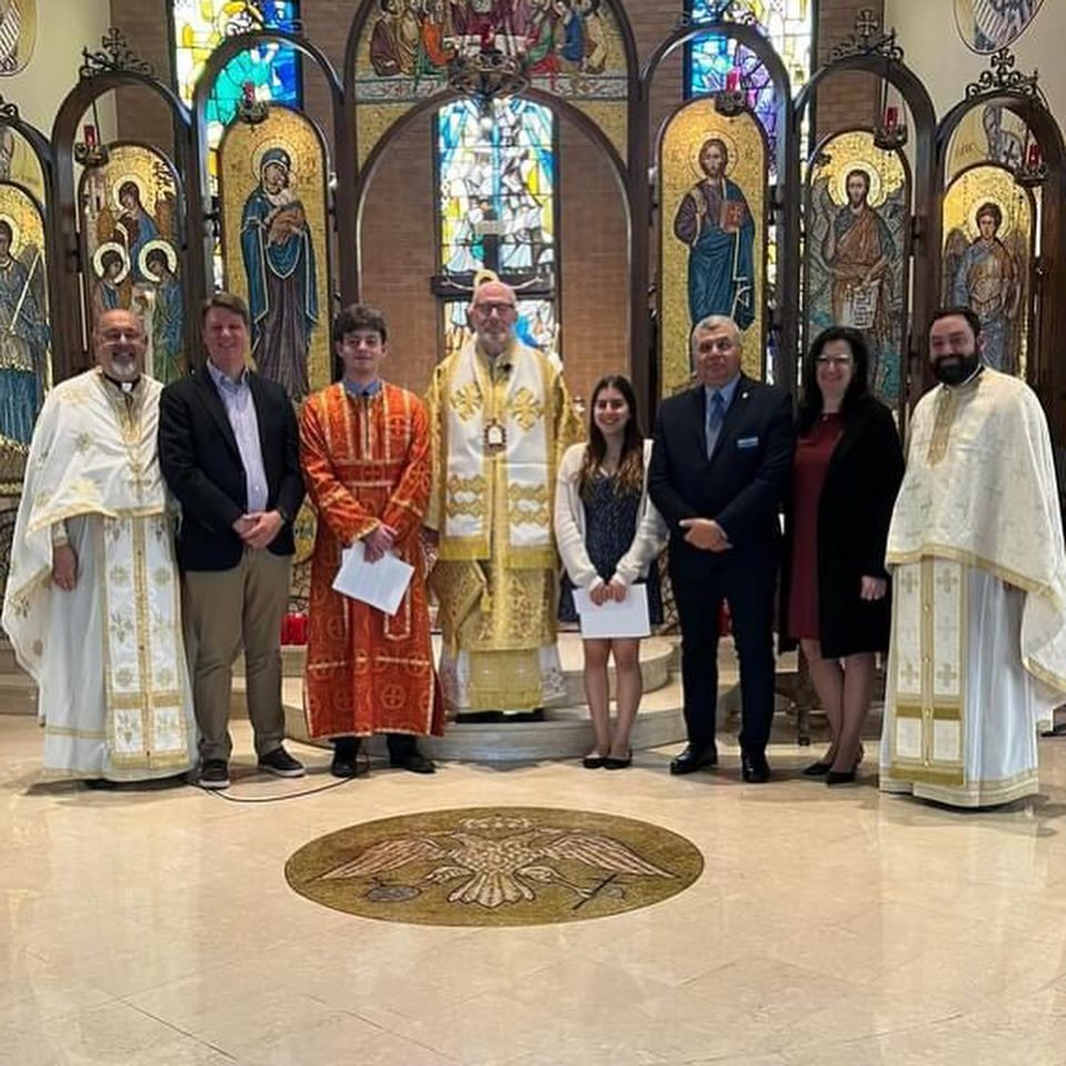 We welcomed this morning the newly ordained Bishop Anthony of Synada, who celebrated his first Divine Liturgy as a bishop here in New Rochelle. In addition, Alethea Lambros and Andreas Mulder, the two Senior Division students  who represented Holy Tr