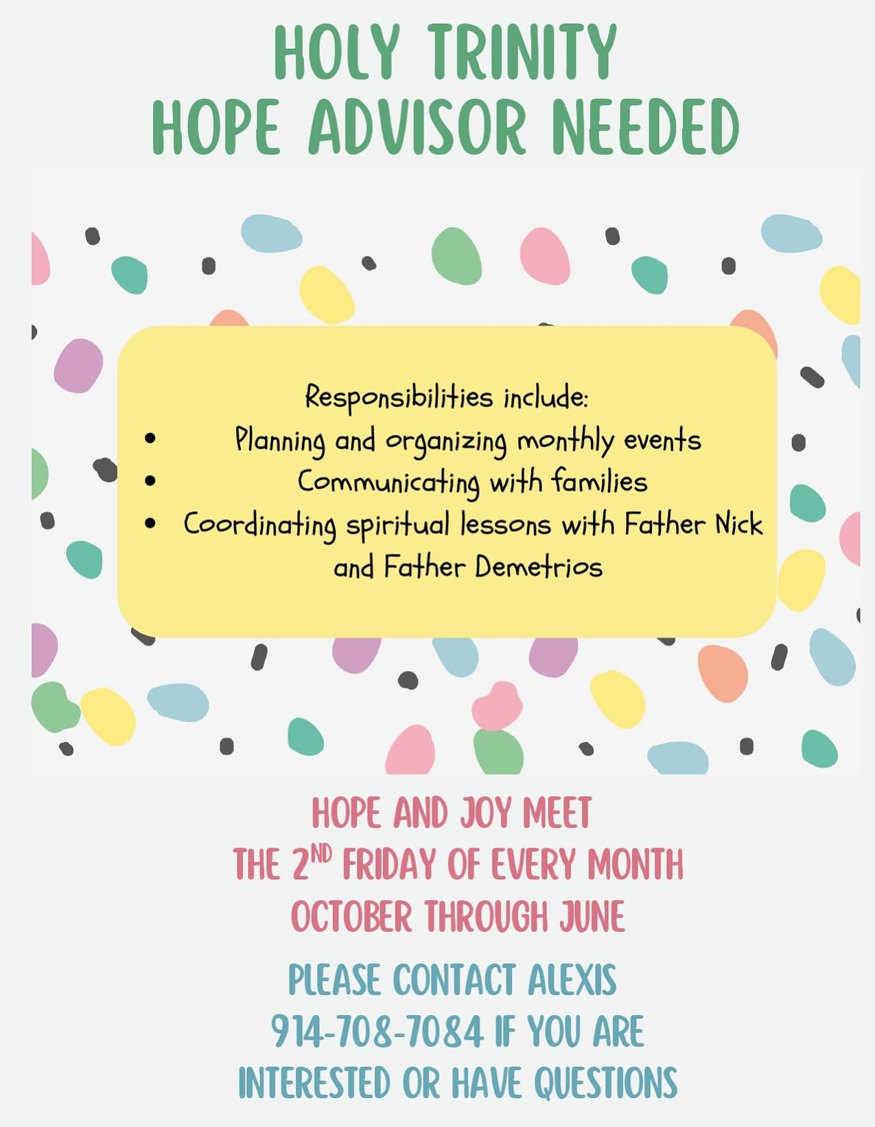 VOLUNTEERS NEEDED! We&rsquo;re excited to announce two wonderful volunteer opportunities to serve our youth this Fall:

🌱 HOPE Advisor (Grades K&ndash;3)
We&rsquo;re seeking a caring and creative individual (or two!) to help guide our youngest youth