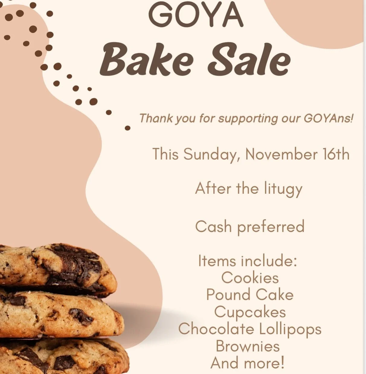 @newrogoya Bake Sale this Sunday, November 16th After the liturgy

Cash preferred

Items include:
Cookies 🍪 
Pound Cake 🍰 
Cupcakes 🧁 
Chocolate Lollipops 🍭 🍫 
Brownies and more!