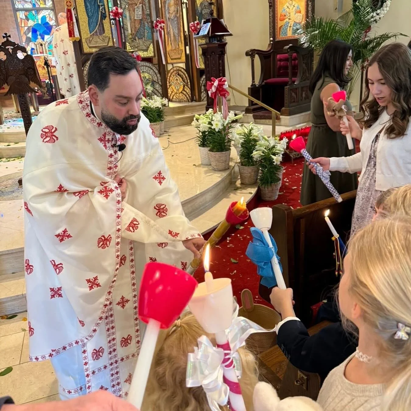 Christ is Risen! 

Vesper Agape Service - the Gospel reading of our Lord&rsquo;s resurrection was proclaimed in several languages and our children enjoyed one on one time with Fr. Nick and Fr. Demetrios! They even got to take home some very &ldquo;bl