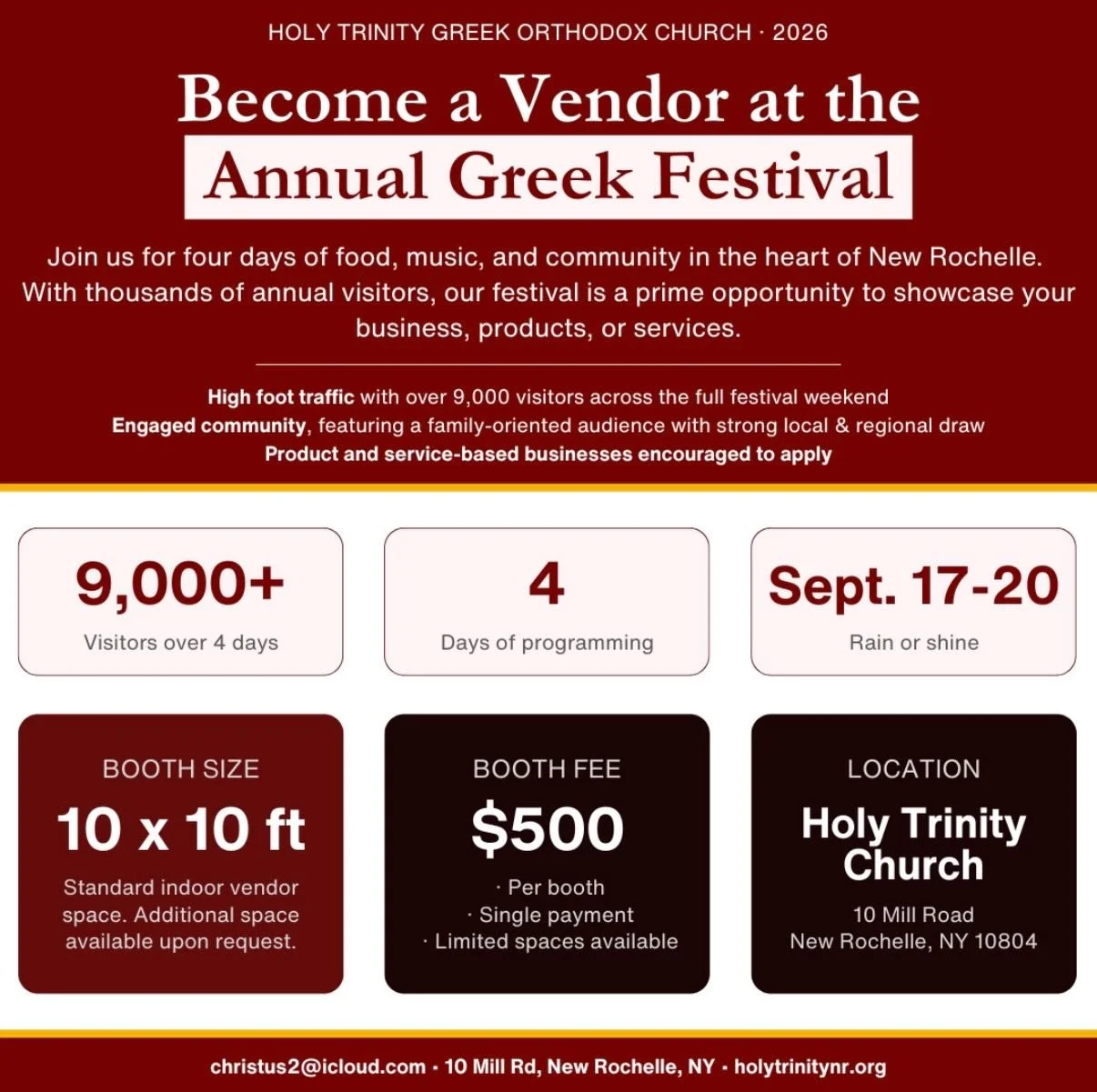 Vendor applications are now open for the 2026 Holy Trinity Greek Festival Agora Marketplace! 

September 17&ndash;20 in New Rochelle, NY. 

With 9,000+ attendees, incredible Greek food, live music and dancing, family attractions, and a bustling marke