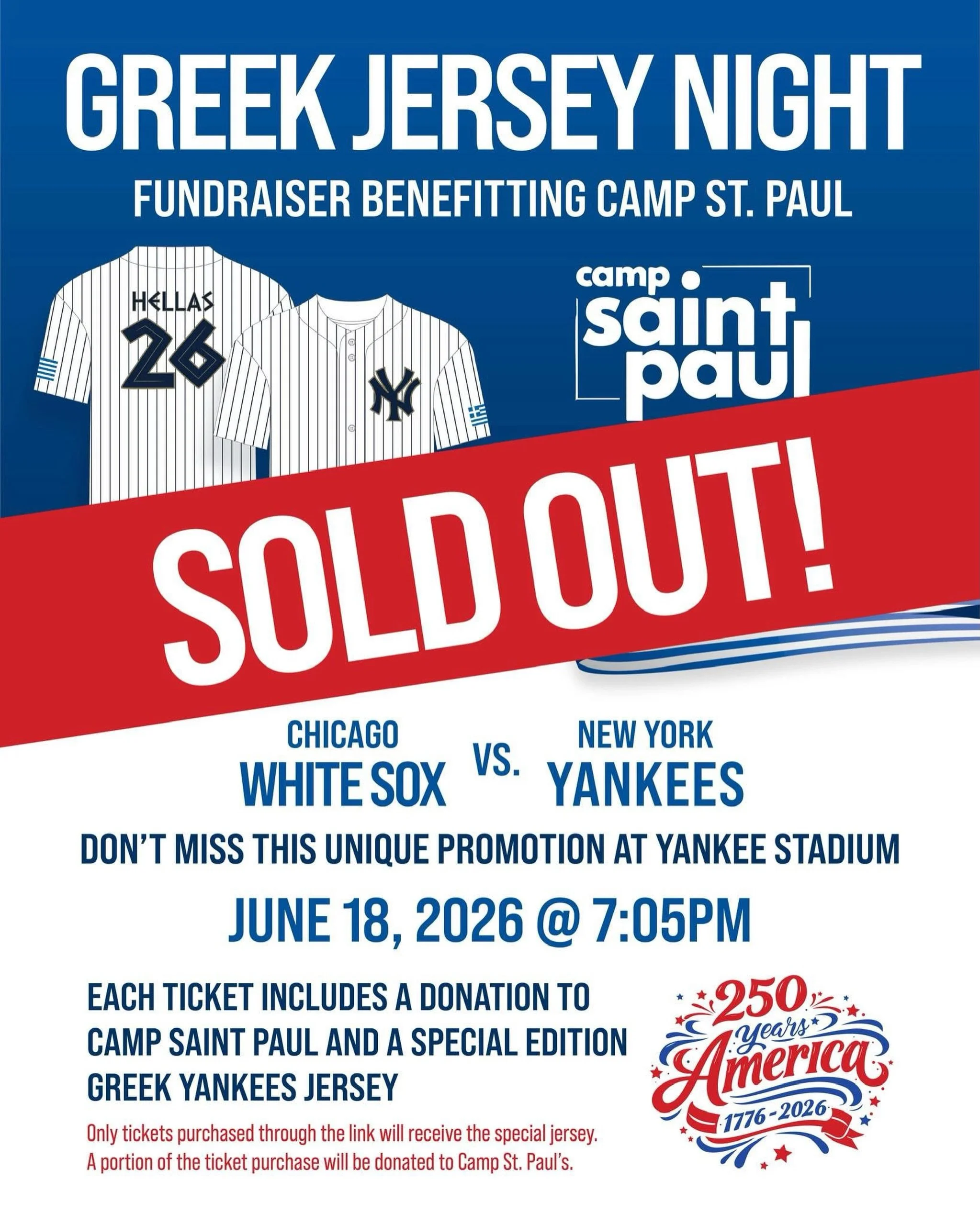 ⚾🇬🇷 SOLD OUT! 🇬🇷⚾

What an incredible response from our parish family!

We will be bringing 142 parishioners to Yankee Stadium on June 18 for Greek Jersey Night, and the event has officially sold out!

We are grateful to everyone who purchased ti