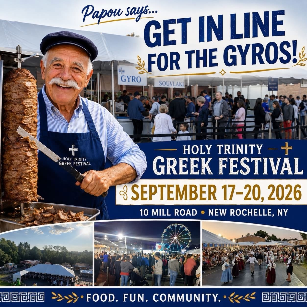 Papou says&hellip; get in line for the gyros! 🇬🇷🥙
Join us September 17&ndash;20, 2026, for authentic Greek food, live entertainment, rides, dancing, and four unforgettable days of food, fun, and community at the Holy Trinity Greek Festival!
📍 10 