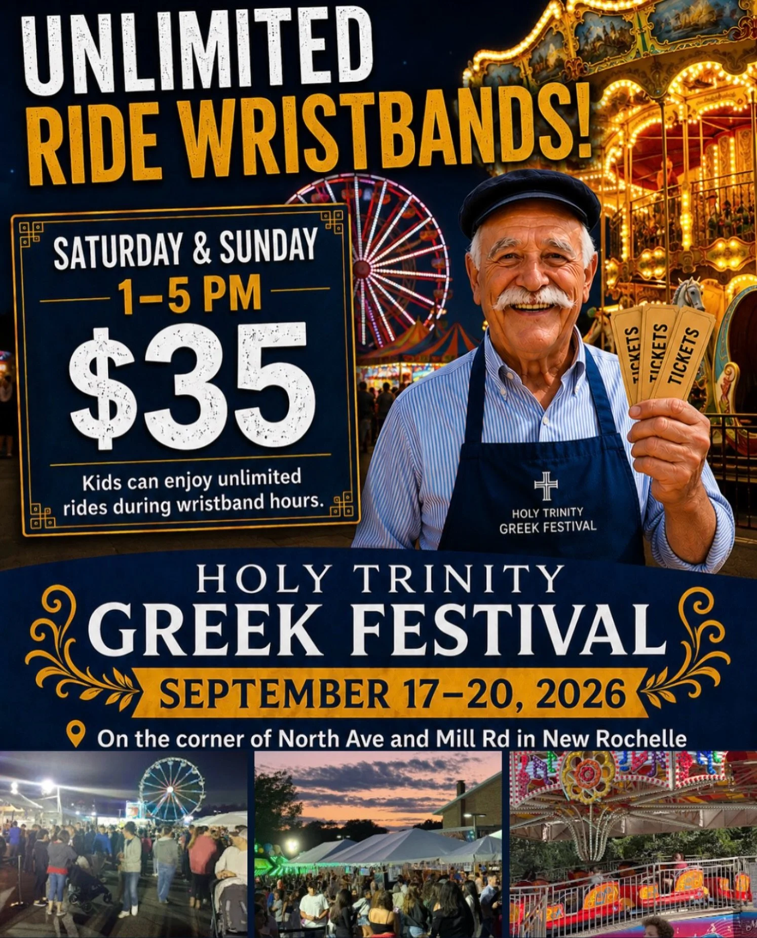 Parents, this one is for you.

This year at the Holy Trinity Greek Festival, we are offering Unlimited Ride Wristbands on both Saturday and Sunday from 1-5 PM for $35.

Bring the kids, let them enjoy the rides, and make a full afternoon of it with gr