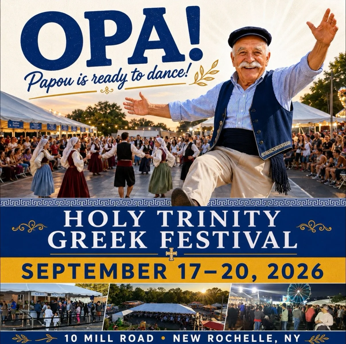 Papou is getting ready to dance at our Annual Greek Festival, September 17-20! 🇬🇷💙 
Come celebrate a fun weekend filled with live music, delicious Greek food and pastries, traditional dancing, exciting rides, our Flea Market, and so much more! 

B
