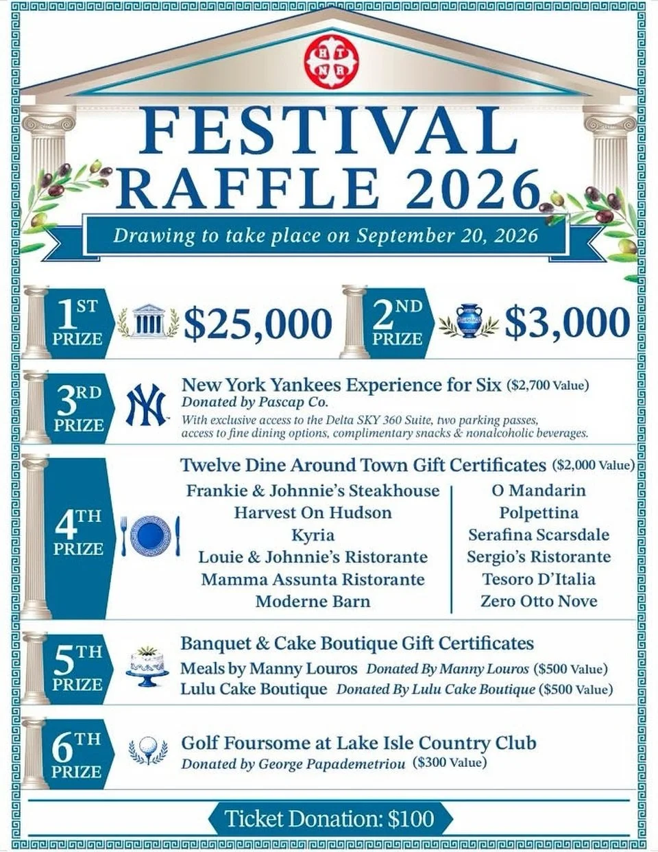 Support our annual Festival Raffle! Grand Prize $25,000! 
Join us September 17-20! New Rochelle, NY.