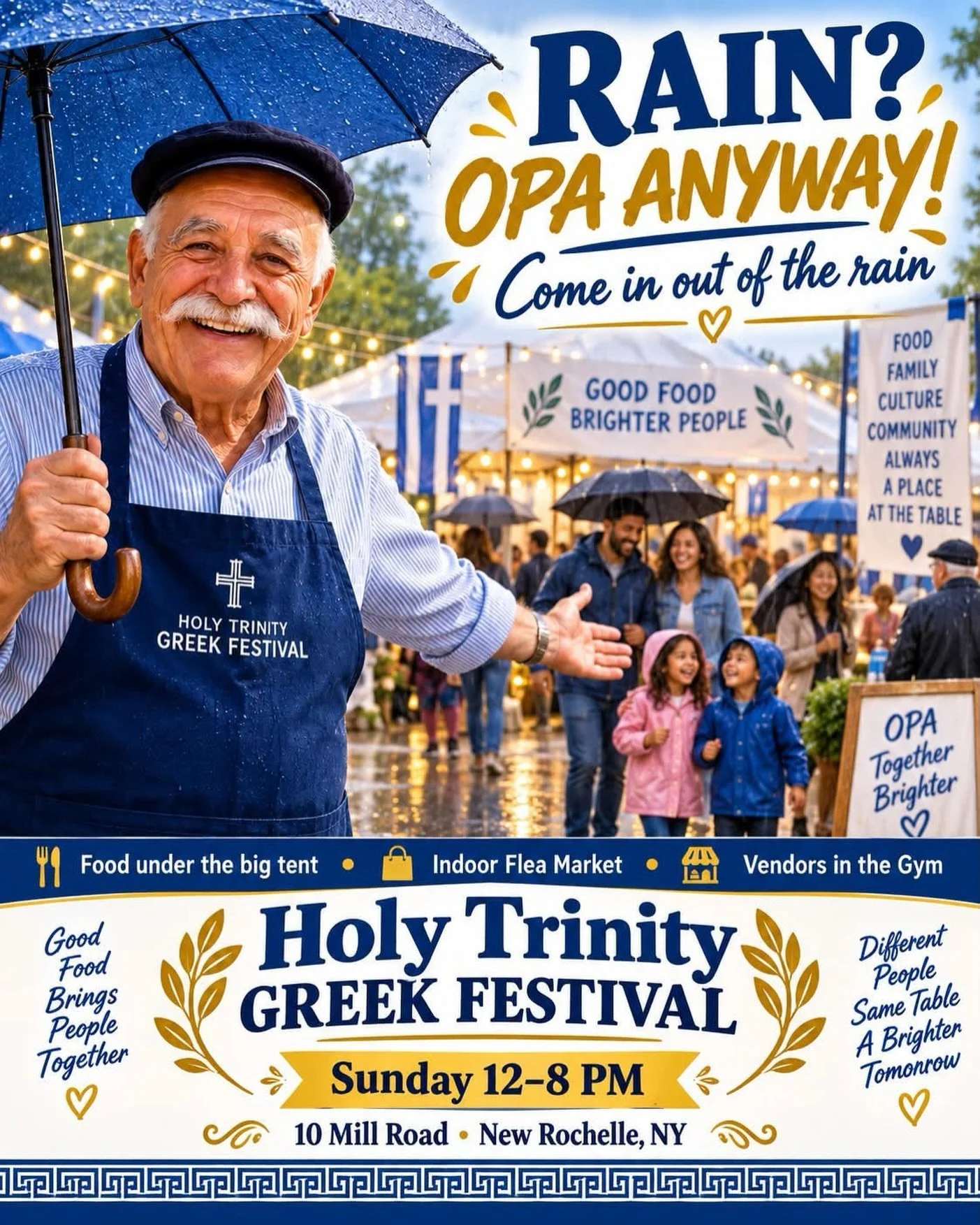 RAIN OR SHINE &mdash; WE ARE STILL ON!

Don&rsquo;t let a little rain scare you away from the final day of the Holy Trinity Greek Festival.

Bring an umbrella for the quick walk in, then come enjoy everything we still have going on:

✅ Amazing Greek 