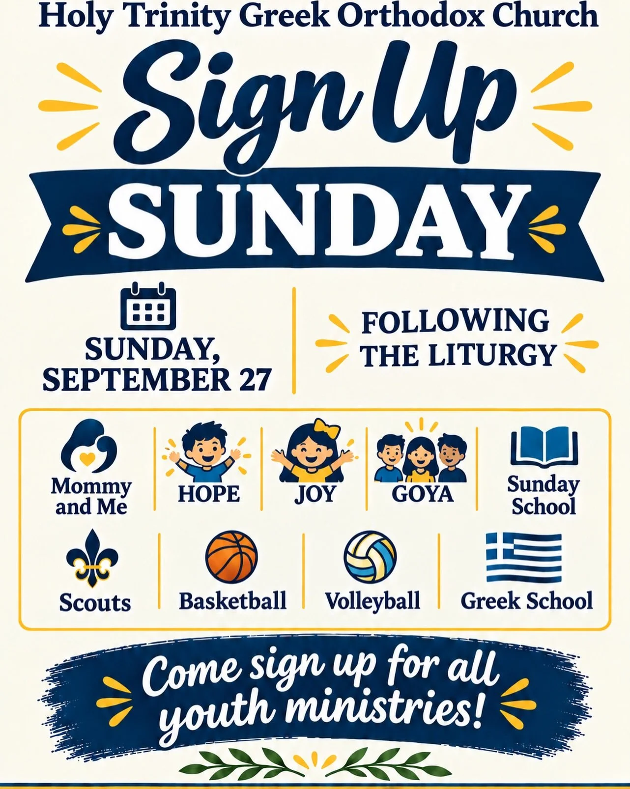 🌧️ RESCHEDULED Youth Sign up

Due to Saturday&rsquo;s forecasted weather our Youth Sign-Up Barbecue has been canceled. Instead, ministry sign-ups will take place this Sunday, September 27, during Coffee Hour.

Holy Trinity Families can stop by and s