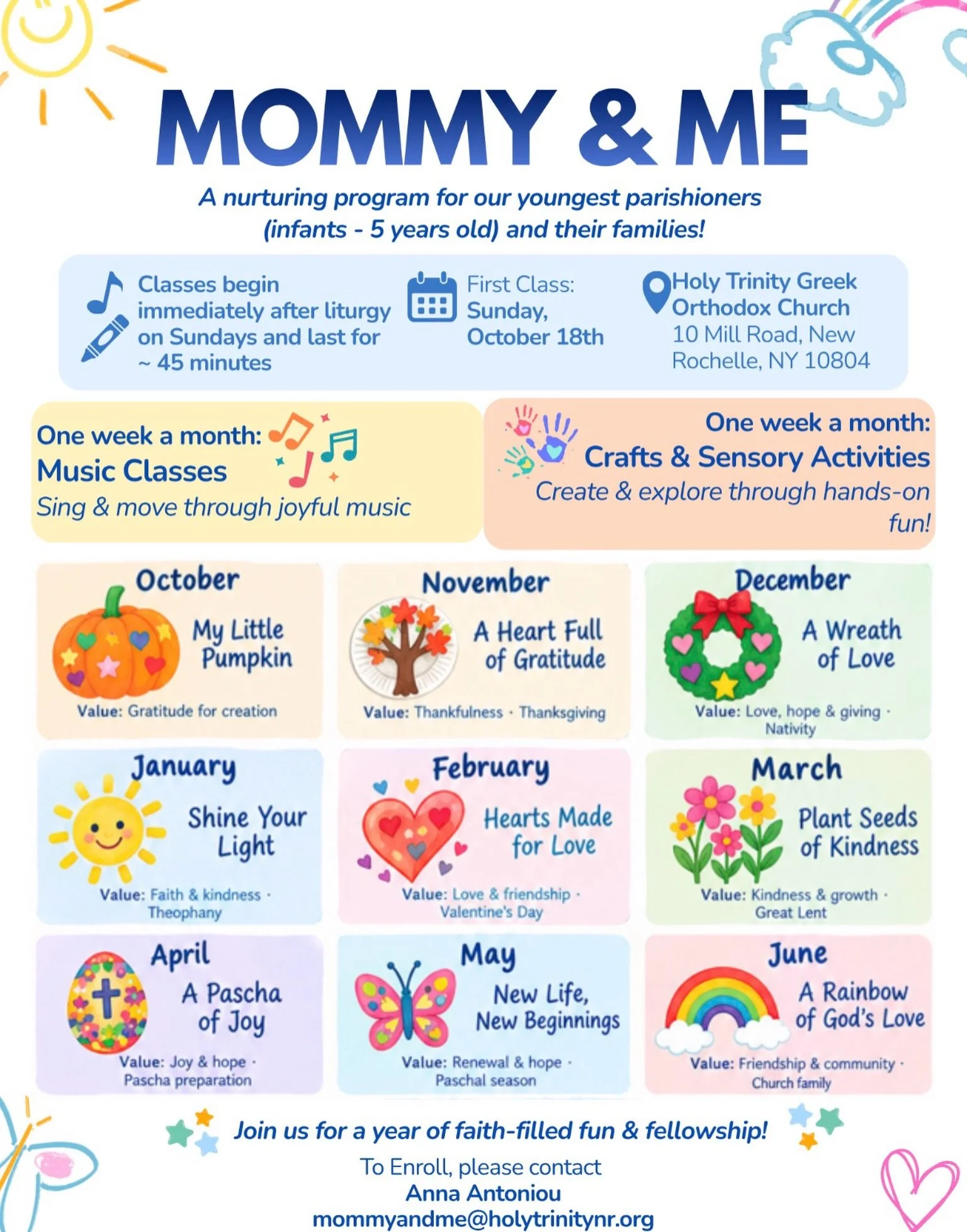 We&rsquo;re excited to share details about our Mommy &amp; Me program for our youngest parishioners and their families.

The first class will be held on Sunday, October 18, immediately following Divine Liturgy.

To enroll please contact Anna Antoniou