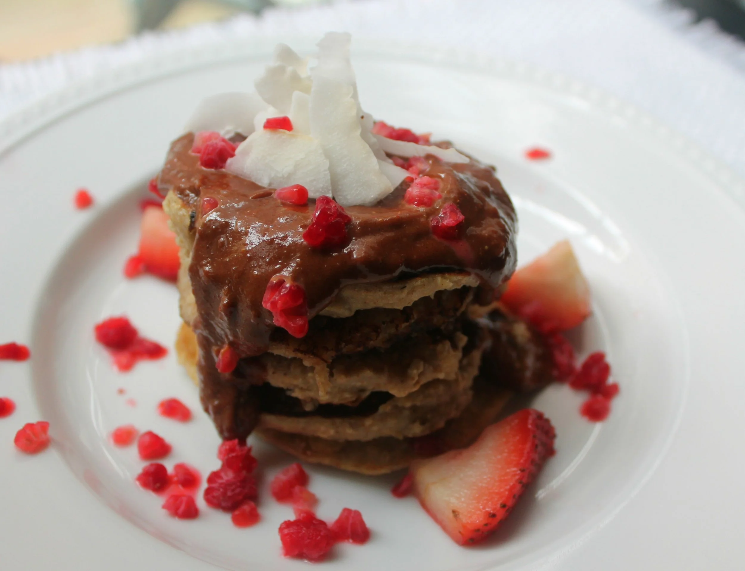 Four Ingredient Protein Pancakes with Chocolate Peanut-Butter Sauce