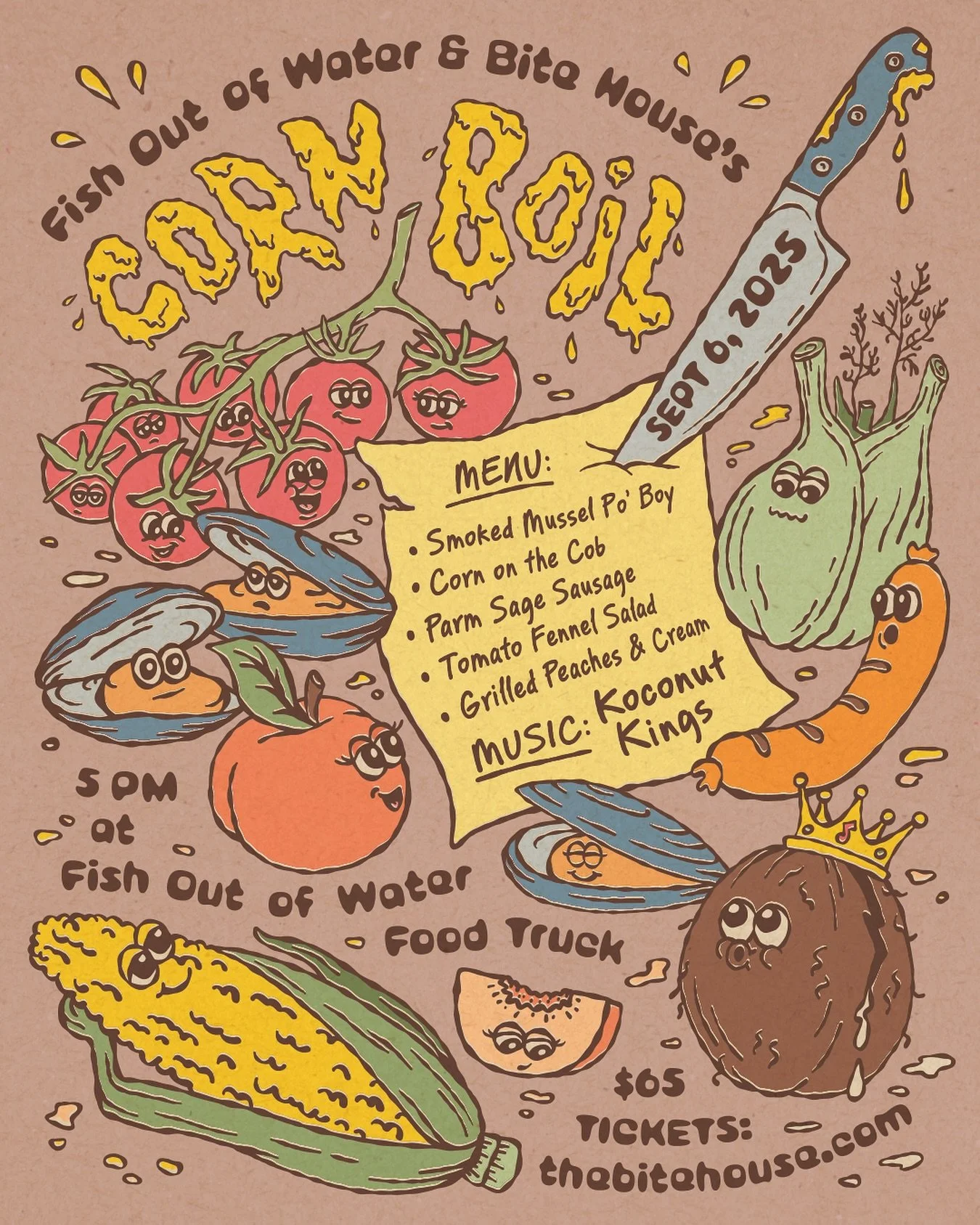 🌽🌽🌽 Corn Boil is back!
Sept 6th @fishoutofwater.foodtruck

The mighty Koconut Kings will be there swinging! 🥥🥥🥥

Tickets link in bio.

Poster @nemoi_drug