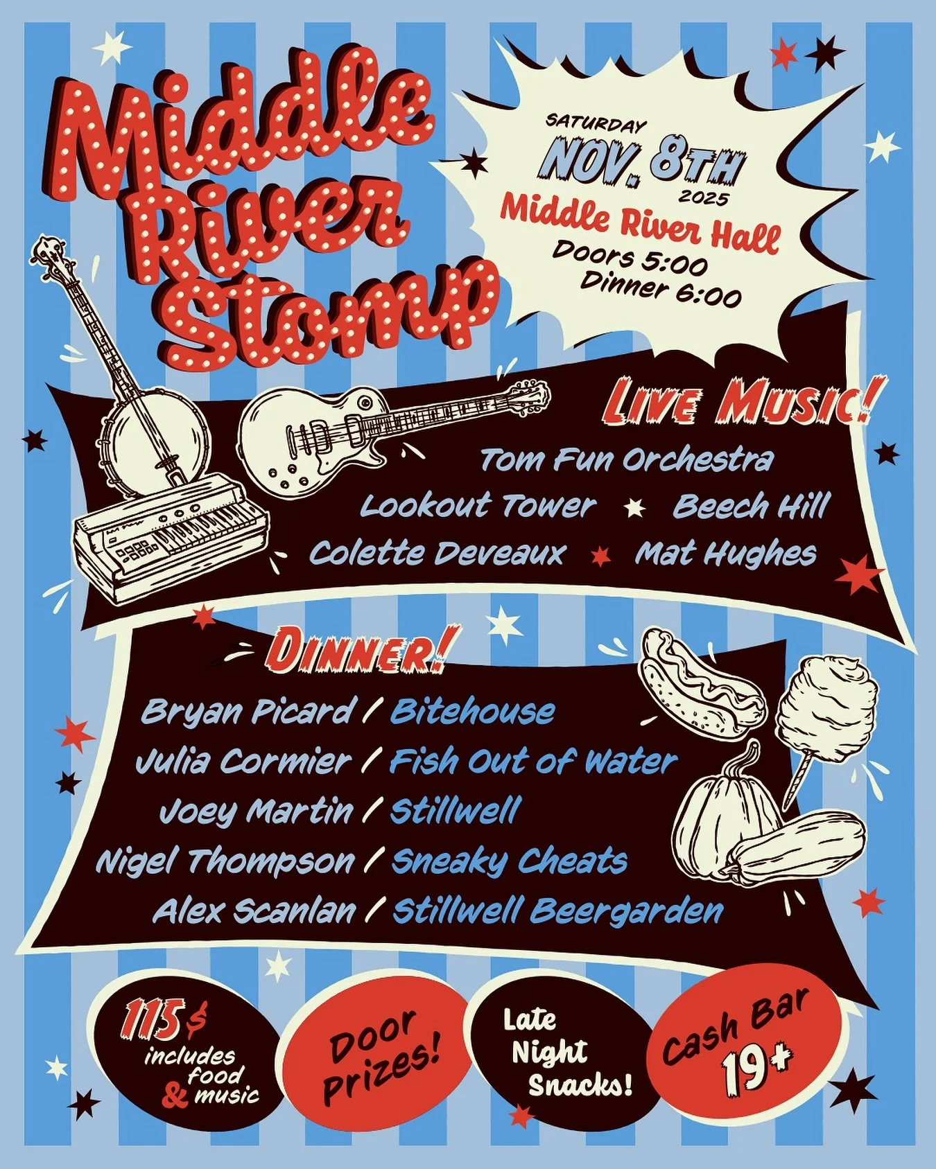 🎪 3rd annual Middle River Stomp is happening Saturday November 8th! 🎪

You know the recipe - 5 chefs, 5 bands.

Ticket link in bio.

Poster by @nemoi_drug