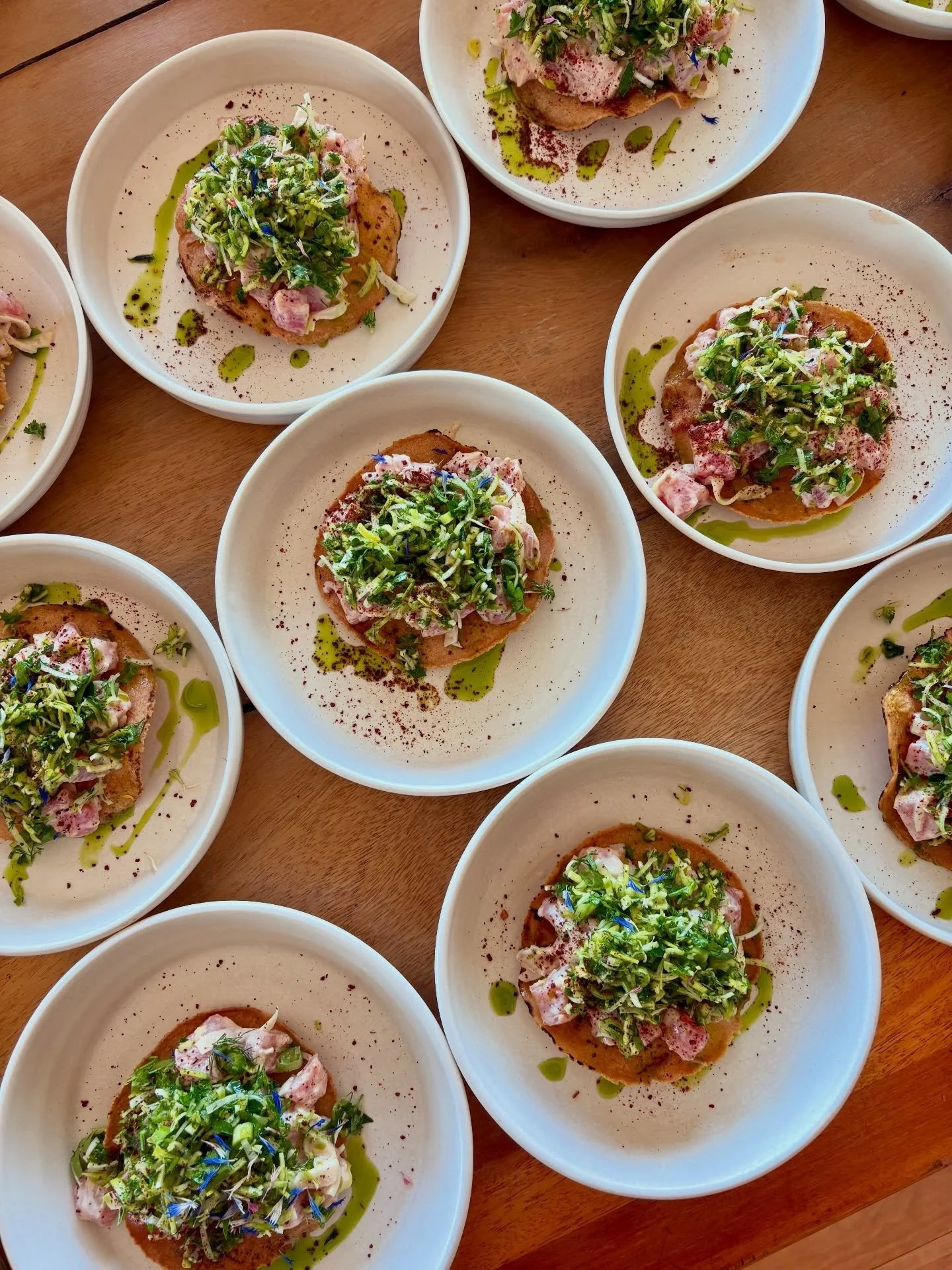 Spring! 🌸🌸🌸

-Tuna tartare tostada, fennel, ginger
-Bill&rsquo;s indoor tomatoes
-Dumplings
-Herb it up!
-Grilled pork, Comté sauce, apricots
-Green butter
-Radicchio, guajillo dressing, almonds
-Dark chocolate &amp; orange pie
-Mangalitsa chop
-