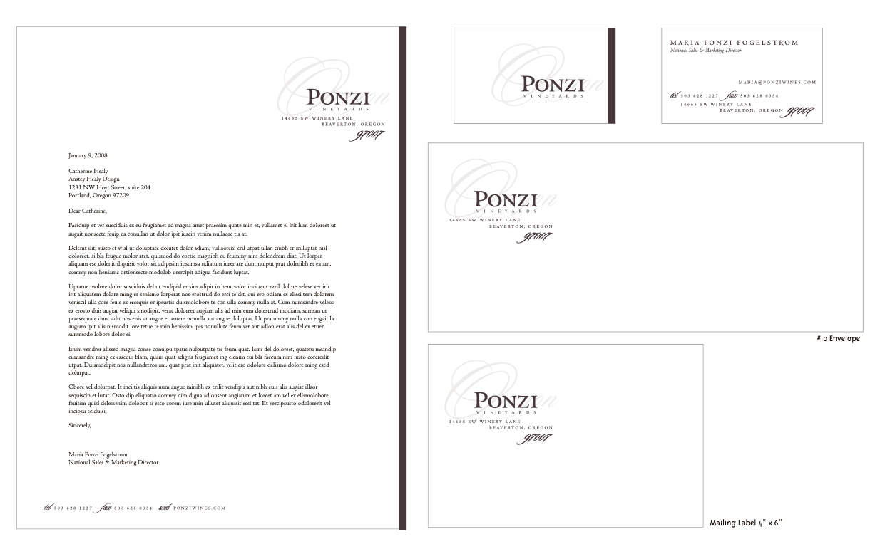 Ponzi Vineyards Stationery Design