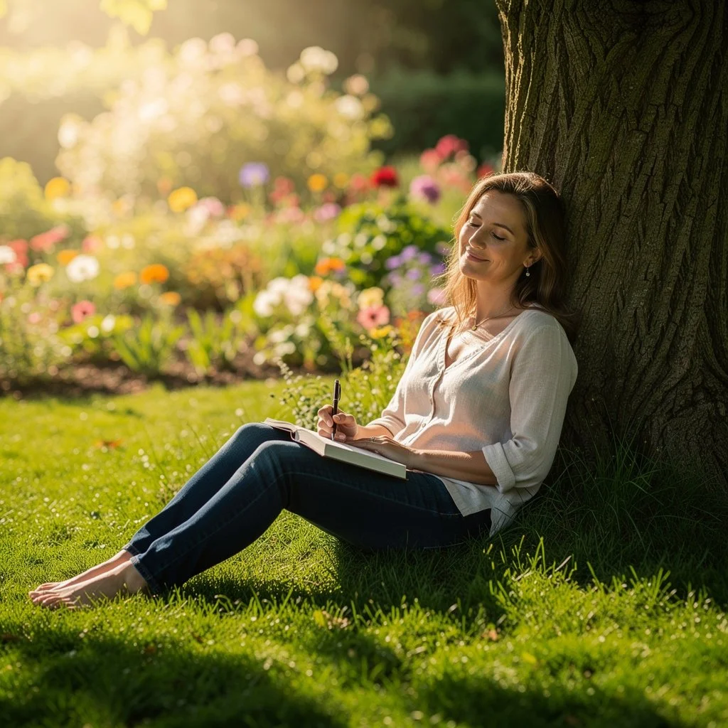 a woman reflecting on her balanced life in a garden feeling peacful