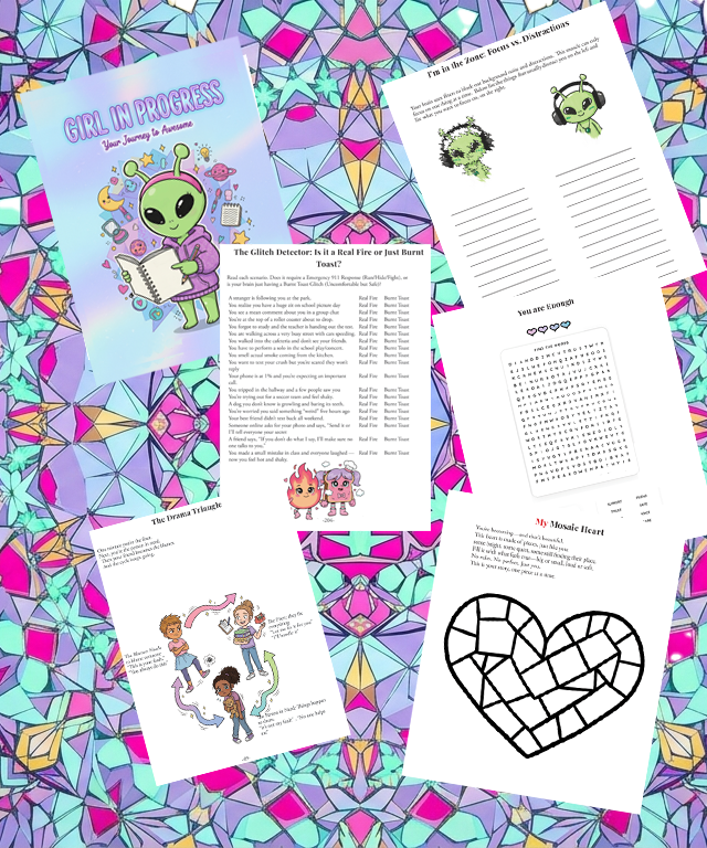 Kaleidoscope Image with worksheets from GIrl in Progress overlayed