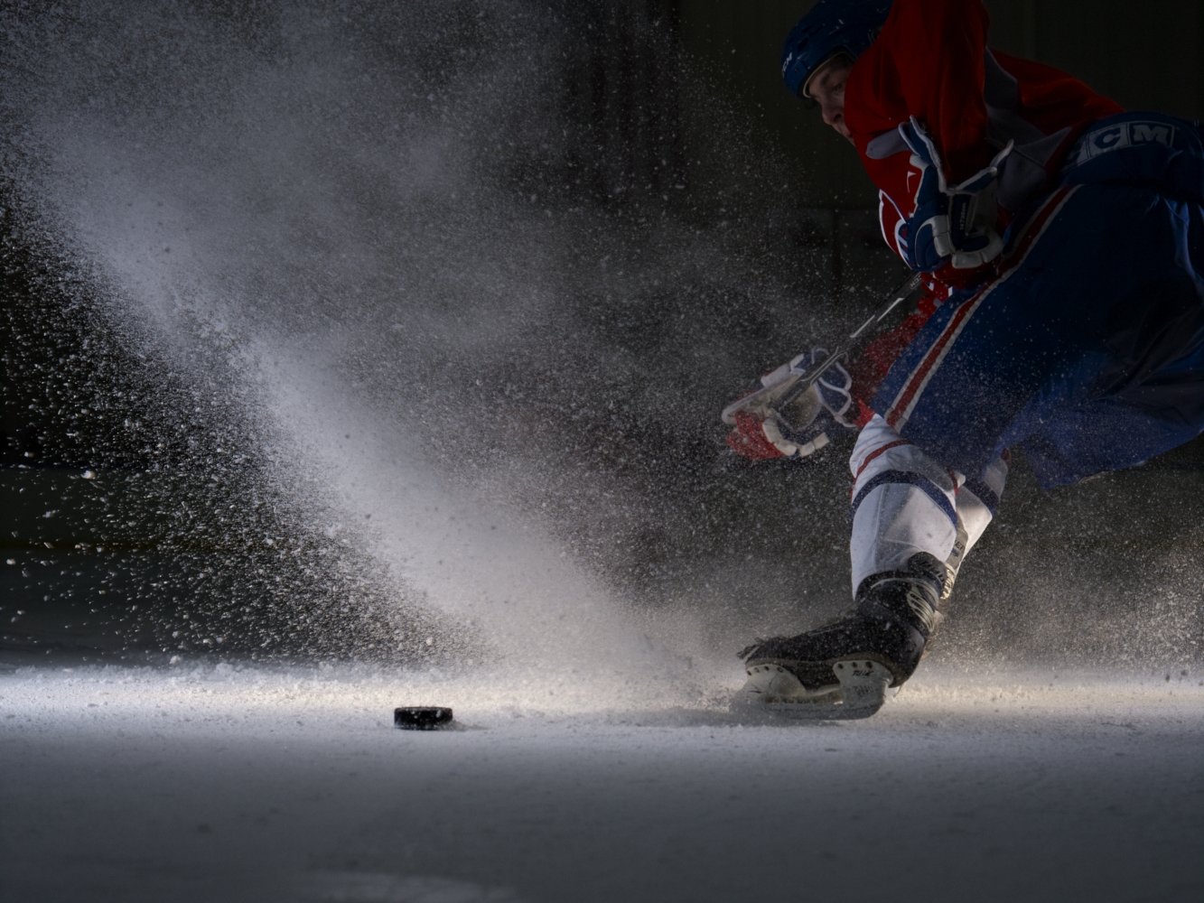 Alex Regen playing hockey in Montreal Canadiens uniform during Molson beer advertisement shoot