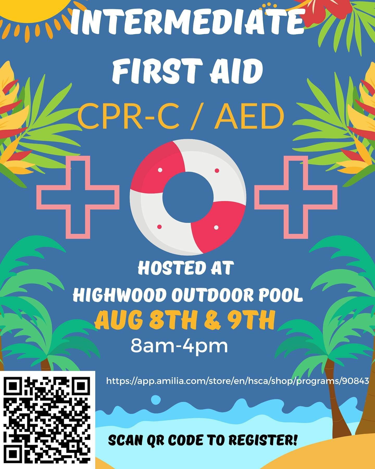 We are running an Intermediate First Aid CPR C/AED (previously known as Standard First Aid) course! August 8th and 9th from 8am-4pm at HIGHWOOD OUTDOOR POOL. Register online at hsca.ca/bowview-swimming-pool. ⚕️🏥
