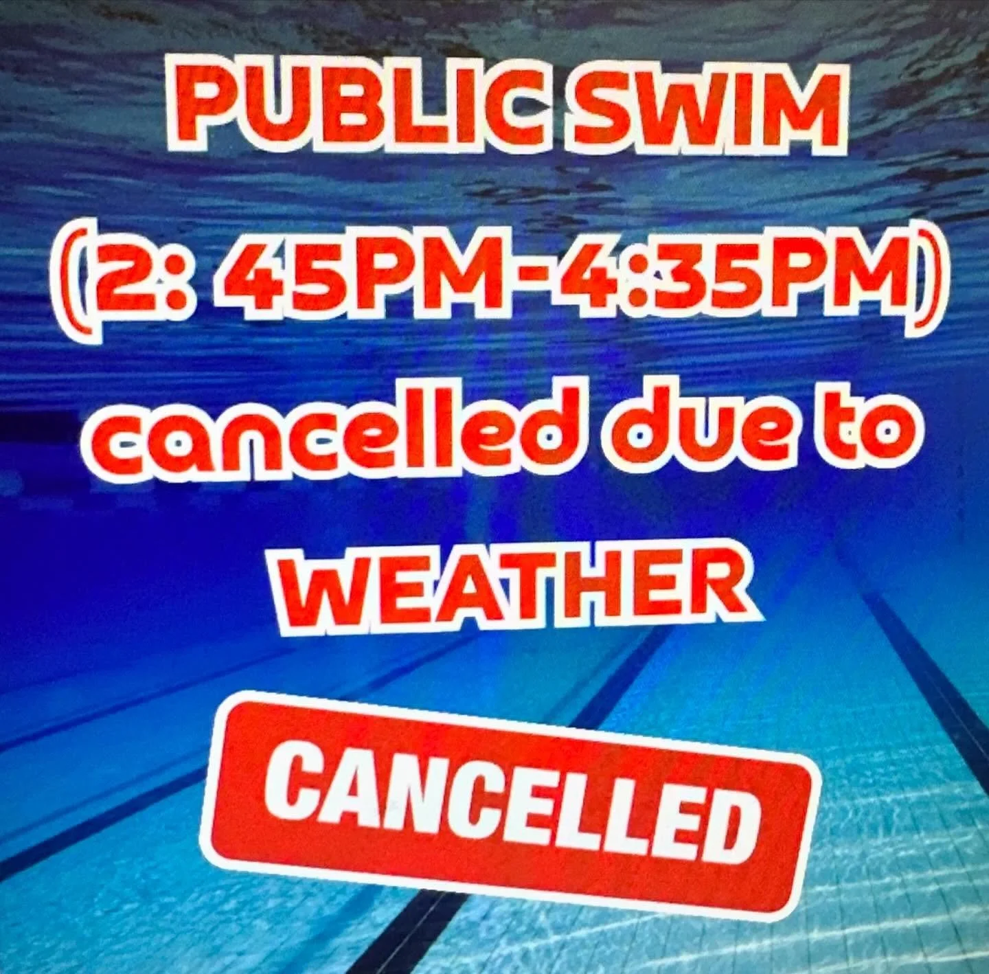 We have cancelled our second public swim today due to weather conditions, please check our instagram for updates on lessons and our evening sessions tonight.