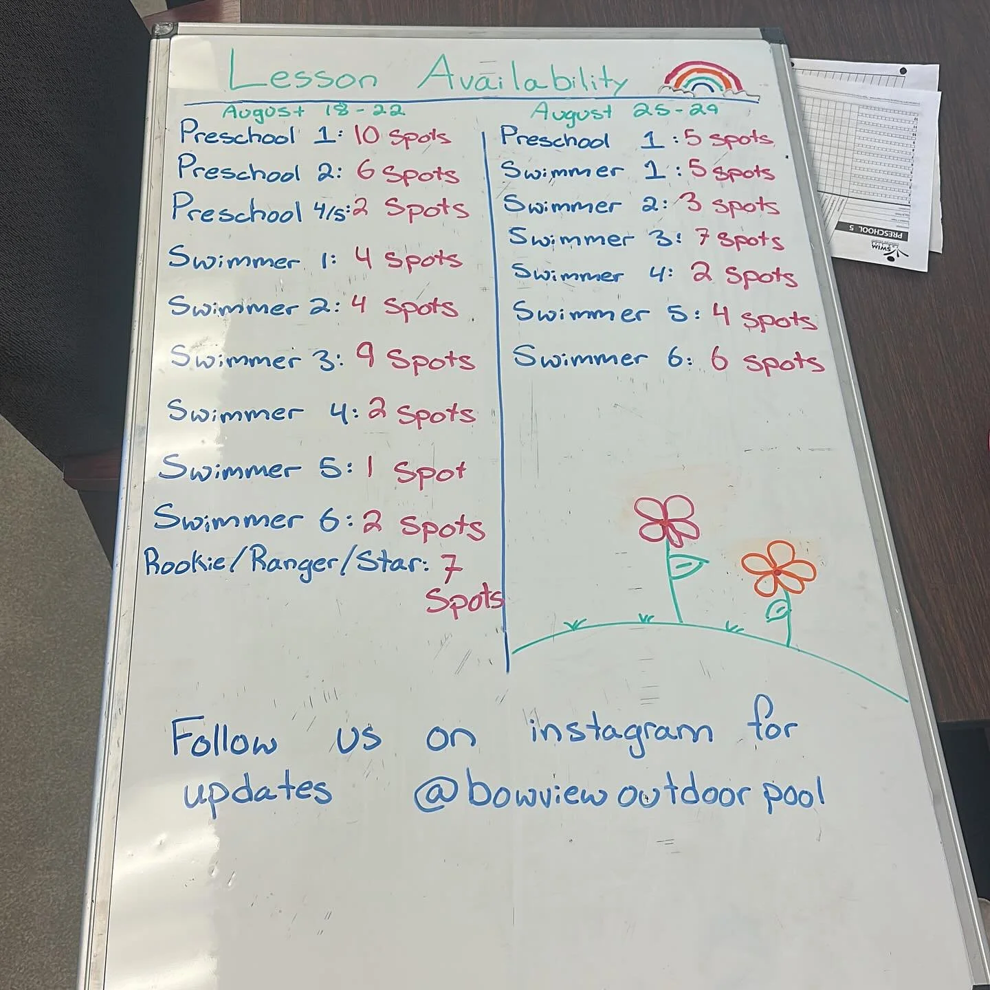 Lesson availability for August 18-23 and August 25-29