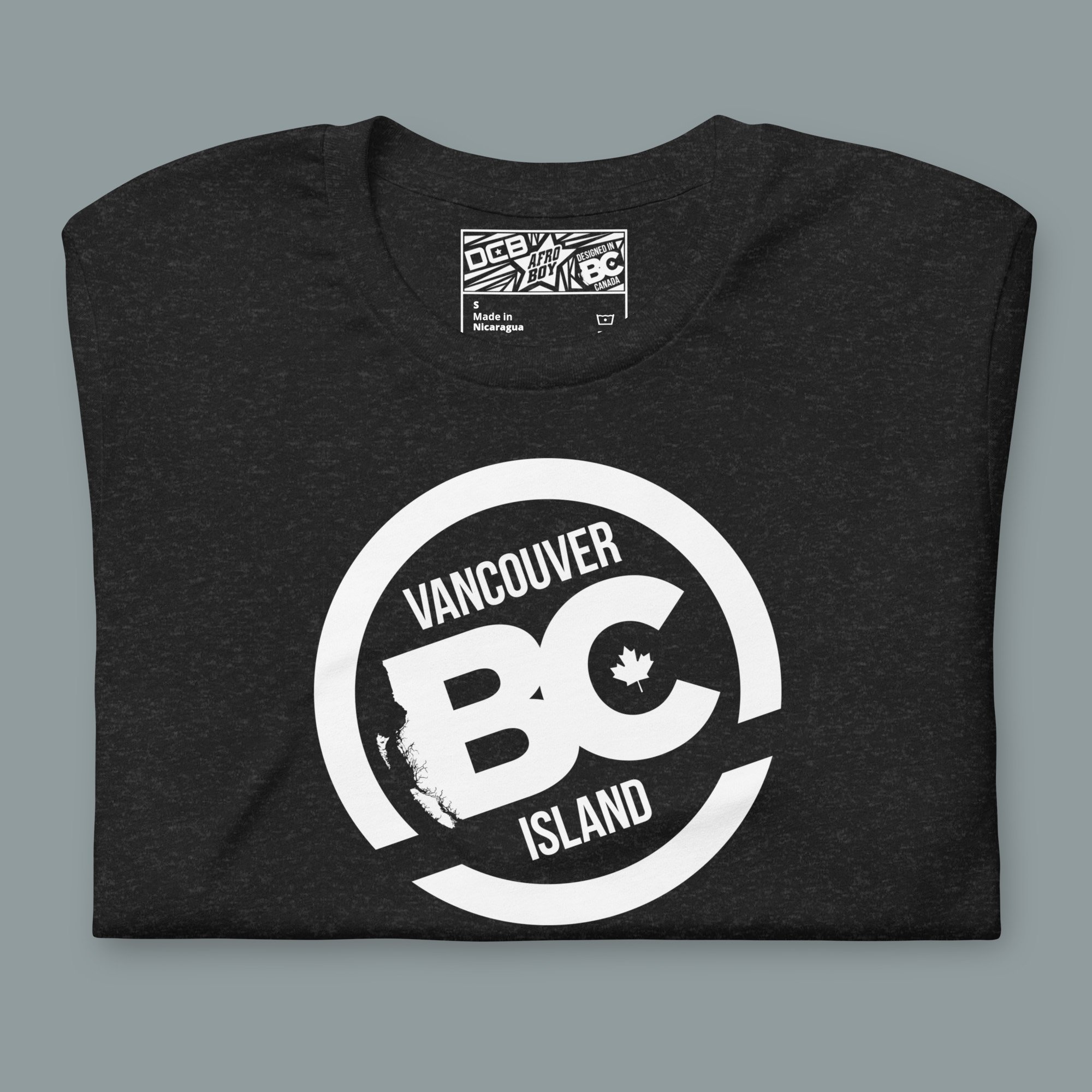 Unisex-staple-t-shirt-BlackHeather-front-close-BCCoastlineLand.jpg