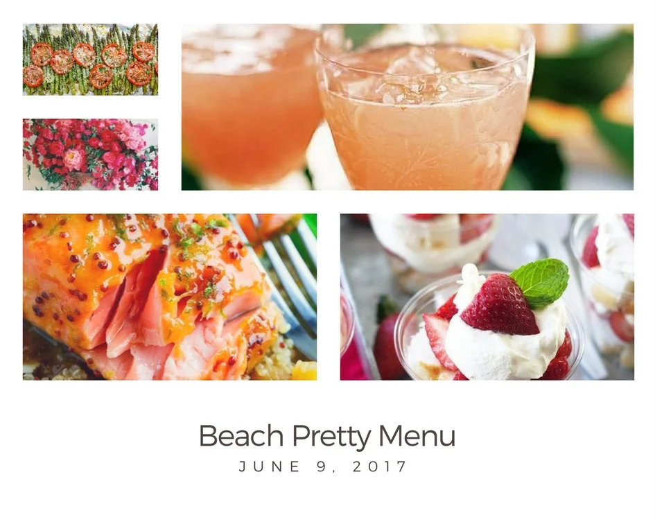 Clockwise: 1 . Tuscan Roast Asparagus 2. Pink Grapefruit and Vodka Cooler 3. Strawberry and Cream Cheesecakes 4 . Apricot and Dijon Glazed Salmon 5. Flowers