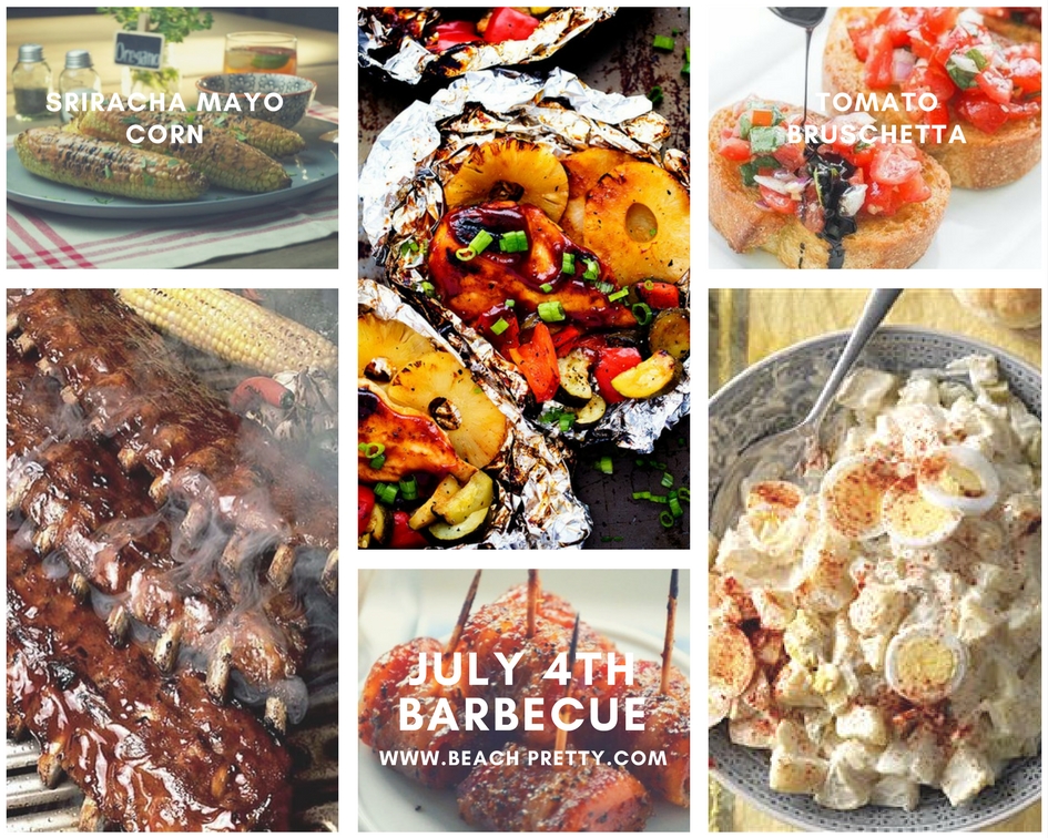 Clockwise: 1. Sriracha Mayo Corn 2. Hawaiian Barbecue Chicken 3. Tomato Bruschetta 4. Homemade Potato Salad 5. Bacon Wrapped Kielbasa 6. BBQ Ribs