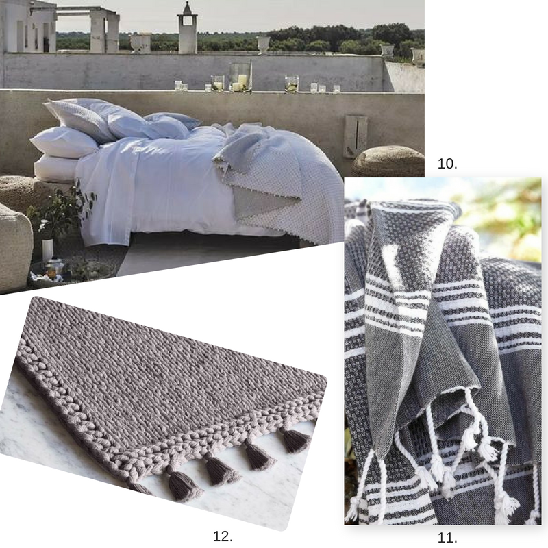 10. Bedding 11. Turkish Towels 12. Light Gray Rug