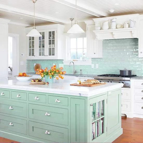 How Pretty is the color of Kitchen Island? …and I love the Cabinet Hardware. ..seriously this Kitchen is a Breath of Fresh Air. Via