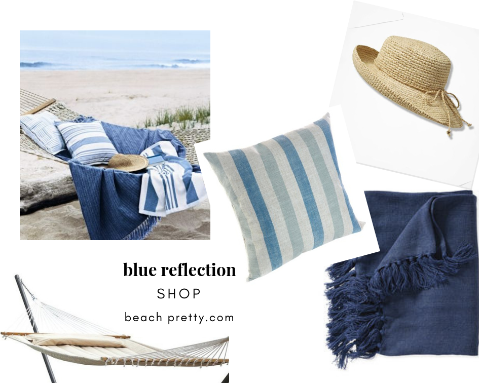 Siesta by the Bay: Clockwise-1. Straw Hat 2. Blue Throw 3 . Striped Pillow 4. Hammock