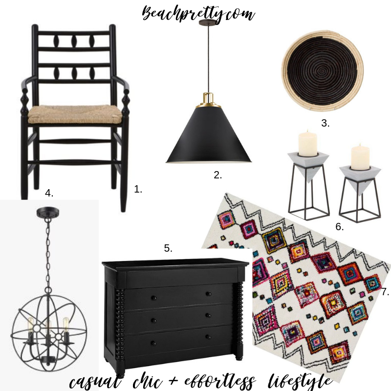 |1. portifino dining arm chair | 2. cone aged brass pendant | 3. black dipped raffia basket | 4. orb chandelier | 5. black bureau | 6. pyramid wooden candle holders | 7. surya rainbow shag |