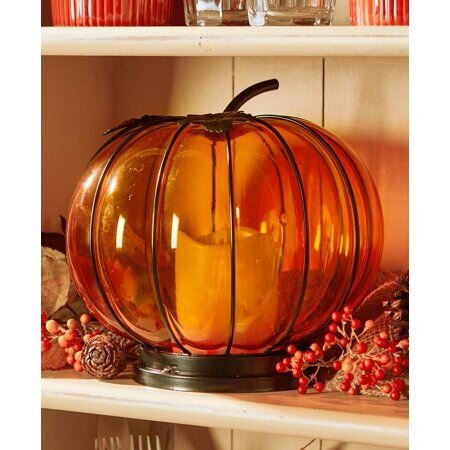 Lighted Glass Pumpkin Hurricane Lantern 