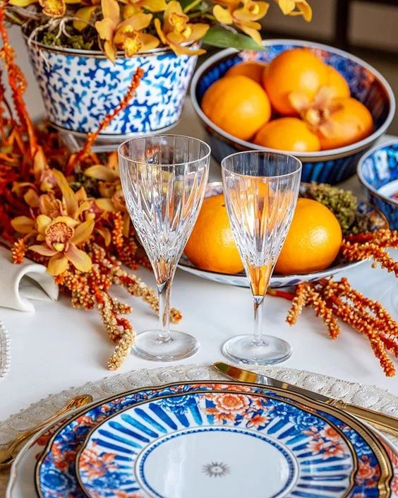 This tablescape is so vibrant + gorgeous! I just love the blue, white and orange color combination. If your’e planning a very special occasion and want to impress, than I suggest this is a tablescape to copy. Designed by La Table de Giselle .