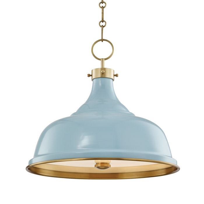 Lighting Aged Brass and Blue Bird Painted No. 1 Three Light Hanging Pendant
