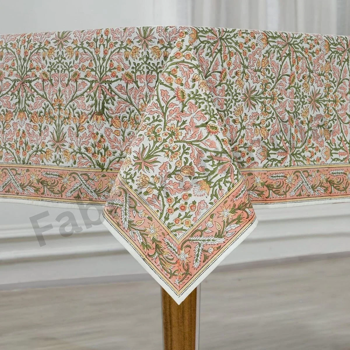 Sassy Salmon Pink Floral Printed Cotton Tablecloth