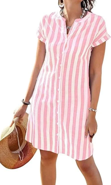 chouyatou Women's Casual Short Sleeve Striped Shirt Dress