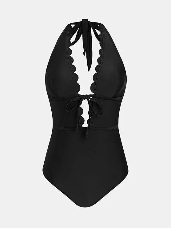 One Piece Swimsuit Bathing Suits Halter-Black 