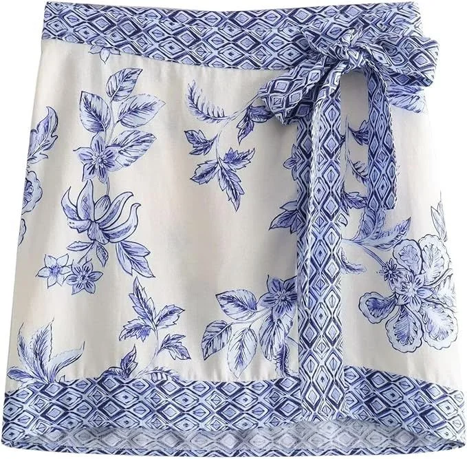 Blue and White Bow Tie Low Waist Short Skirt