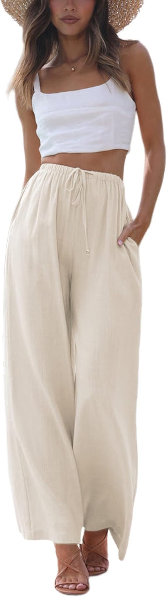 Faleave Womens Cotton Linen Summer Palazzo Pants