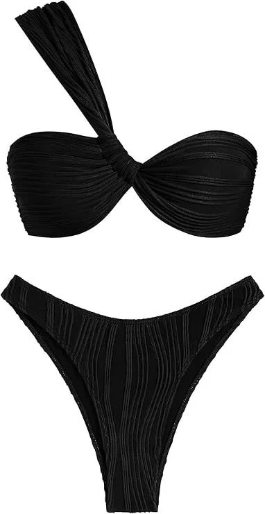 One Shoulder Bikini Twisted Ruched High Cut Bandeau