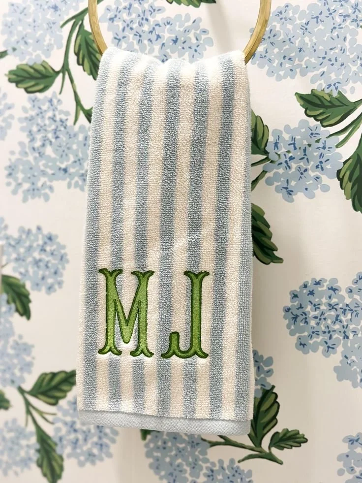 Coastal Grandmillennial Hand Towel -Blue and White Stripe