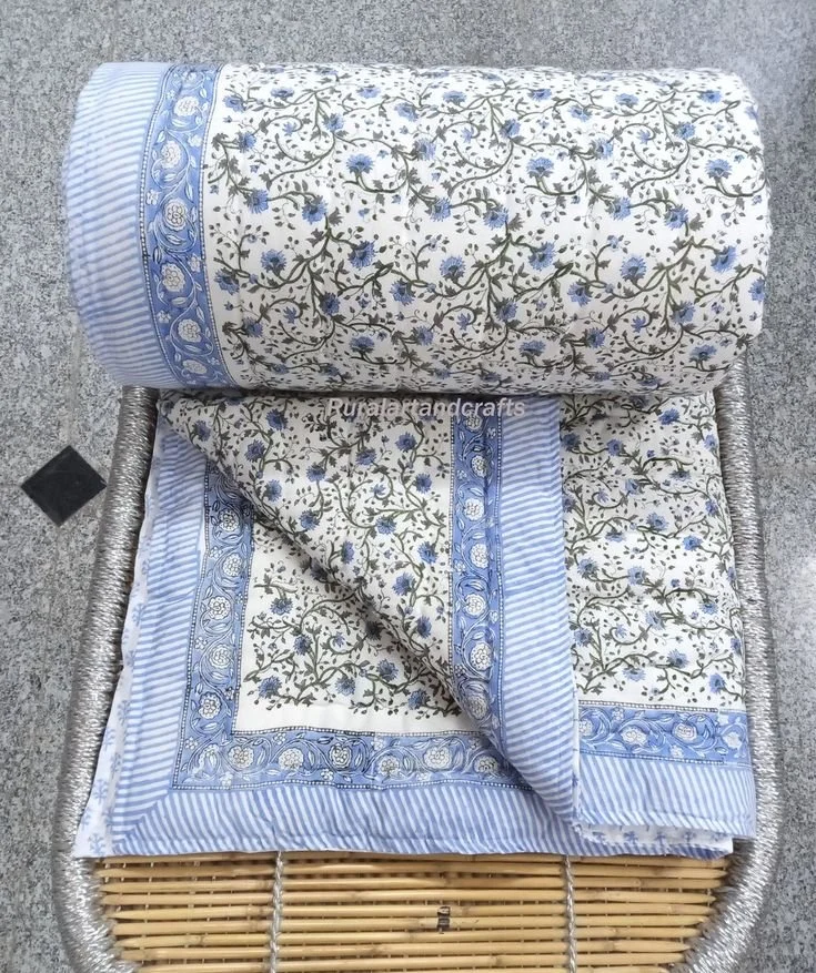 Blue Floral Reversible Cotton Quilt